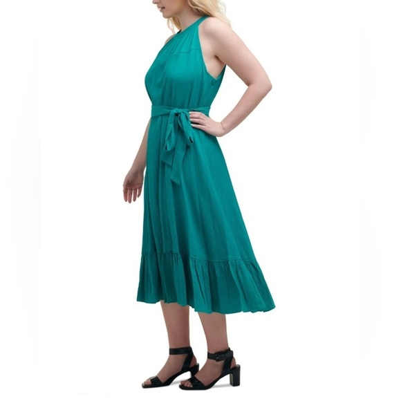Calvin Klein Ruffled Turquoise Green Midi Dress with Halter Neck in Green Size 8 - Picture 3 of 4